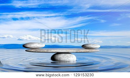 3D rendering of balancing Zen stones in water with blue sky and peaceful landscape.