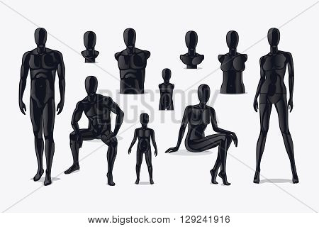 Mannequins vector. Fashion clothing store mannequins, shop window mannequin set