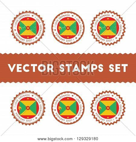 I Love Grenada Vector Stamps Set. Retro Patriotic Country Flag Badges. National Flags Vintage Round