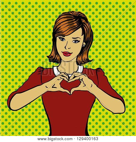 Pop art retro style woman showing heart hand sign. Comic hand drawn design vector illustration.