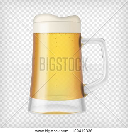 Realistic beer glass. Mug with light beer and bubbles. Graphic design element for a brewery ad, beer garden poster, flyers and printables. Transparent vector illustration.