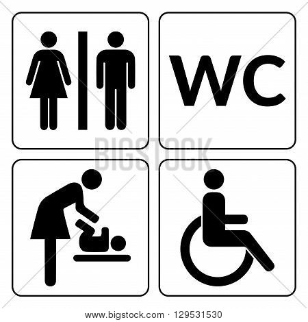 WC signs set. Man woman mother with baby and handicapped silhouettes isolated on white background. Male and female toilet door icons. Lady and gentleman restroom symbol. Cast logo concepts. Vector