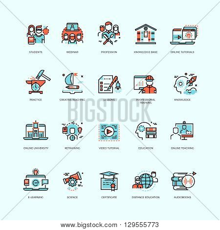 Distance education, online tutorials and courses, video training, staff training, digital library vector icons. Course education, technology education internet, e-learning ducation illustration