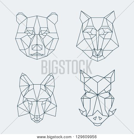 Low poly animals. Bear and wolf, fox and wild boar heads. Muzzle bear low poly, fox low poly, wolf low poly, wild boar low poly logo. Vector illustration