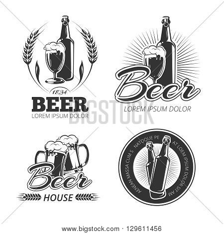 Vintage beer vector emblems, labels, badges, logos set. Badge beer, alcohol beer, mug beer bottle, beverage beer, brewery beer logo illustration