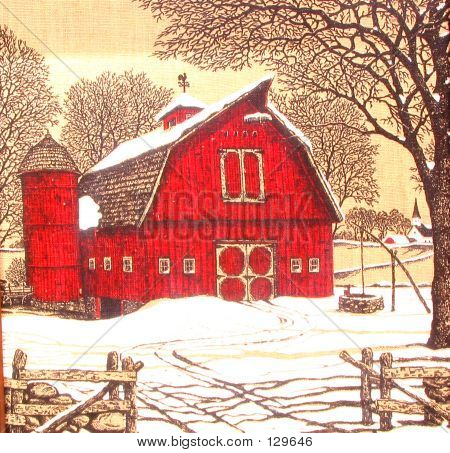 Red Barn In Winter Thread Work