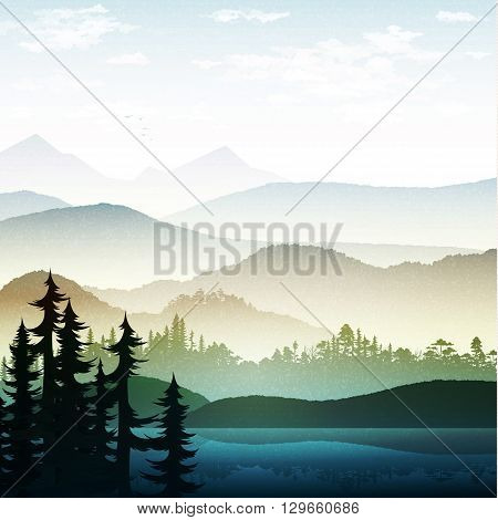 Summer landscape of nature. Nature and landscape. Landscape mountain  forest and lake. Advertising background travel and camping. Mountain forests and rivers.  National Park. Background  gaming .