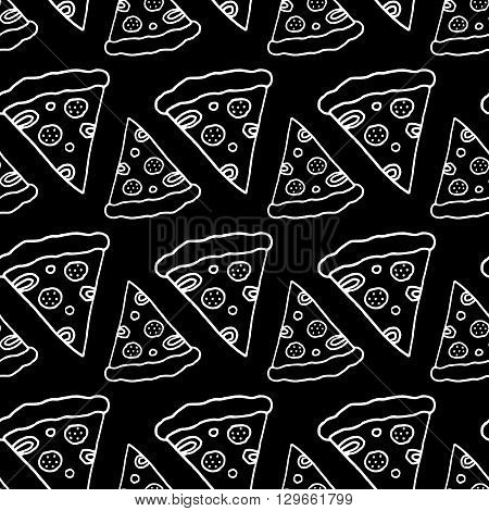 Trendy fast food pattern with hand drawn pizza. Cute vector black and white fast food pattern. Seamless monochrome fast food pattern for fabric, wallpapers, wrapping paper, cards and web backgrounds.