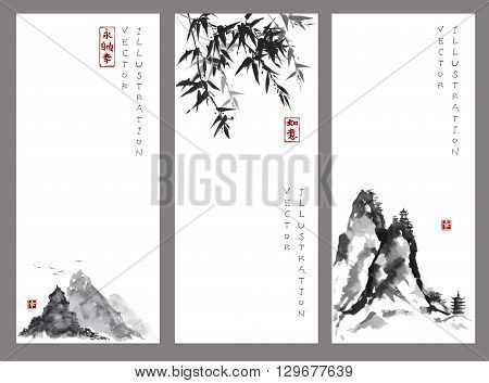 Three banners with mountains and bamboo in traditional Japanese ink painting sumi-e style. Contains hieroglyphs - happiness, dreams come true, eternity, freedom