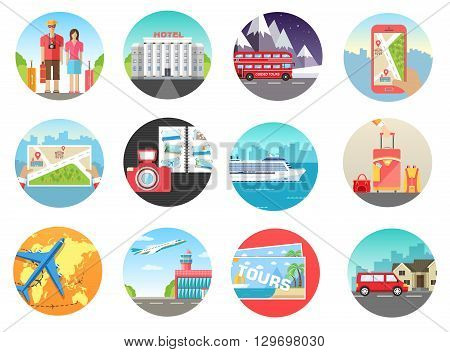 Set of travel vacation tour trip on the water, on land, in the air. Travel background. Travel icons. Travel illustrations. Fast travel design. Travel tour infographic. Flat travel. World travel