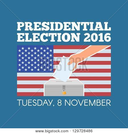 USA presidential election day concept vector illustration. Hand putting voting paper in the ballot box with american flag on background. Voting concept in flat style.