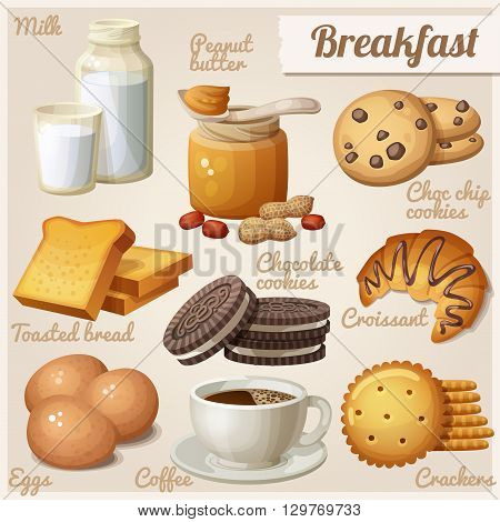 Breakfast 3. Set of cartoon vector food icons. Milk, peanut butter, choc chip cookies, toasted bread, chocolate cookies, croissant, eggs, coffee, crackers