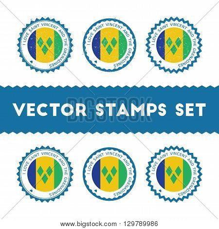 I Love Saint Vincent And The Grenadines Vector Stamps Set. Retro Patriotic Country Flag Badges. Nati