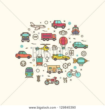 Vehicle and transport icons in circle design. Transportation vector concept with thin line style icons. Vehicle transport composition, bicycle lorry and bus for road travel transport illustration