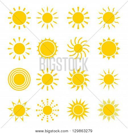 Sun icon vector set. Concept icons of the sun in a flat style. Different icons for sun logo. Collection of sun icons isolated on white background. Sun icon design.