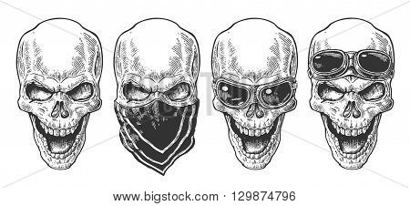 Skull smiling with bandana and glasses for motorcycle on forehead and eyes. Black vintage vector illustration. For poster and tattoo biker club. Hand drawn design element isolated on white background