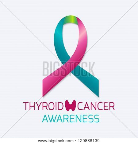 Vector illustration of a teal pink and blue ribbon with thyroid gland symbol on white background. Thyroid cancer awareness symbol. Medical concept.