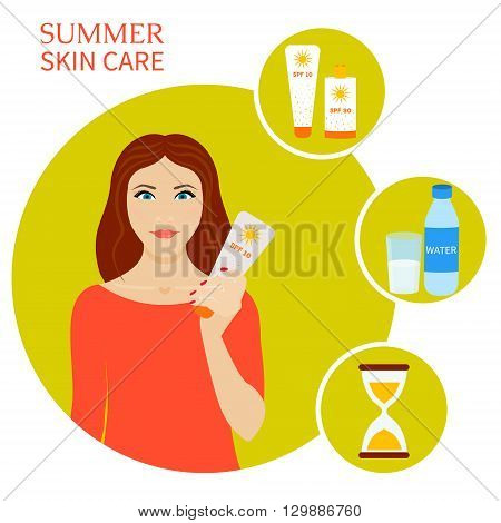 Summer skin care set. Skin sun protection infographic elements. Sun and beach safety rules. Vector illustration.