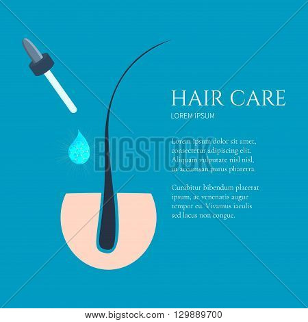 Vector illustration of a hair follicle and a serum essence drop with a dropper. Hair treatment design template with place for your text. Hair care and strengthening concept.