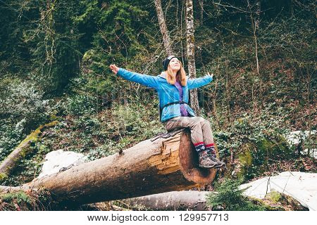 Cheerful Woman Traveler On Vacation Camping Summer Vacations Outdoor. Forest In The Highlands. Hikin