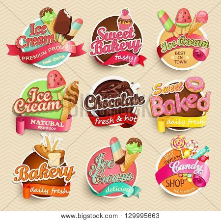 Food Label or Sticker - bakery, ice-cream, chocolate, sweet baked, candy, sweet bakery - Design Template. Vector illustration.