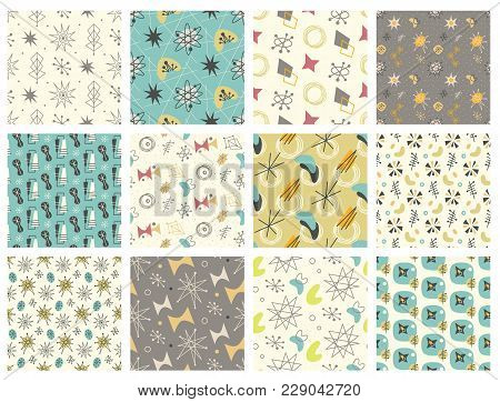 Set Of Mid Century Modern Seamless Pattern. 1950s Vintage Style Atomic Science Background, Retro Vec