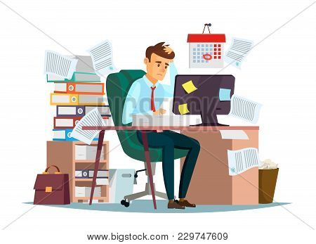 Man Overwork In Office, Deadline Vector Illustration. Manager Sitting At Computer Desk With Stack Of