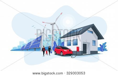 Electric Car Charging At Home With Solar Panels And Wind Power Station And Green City Skyline