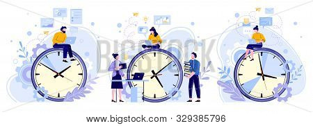 Efficiency Work Time. Man, Woman And Workers Teamwork Hours. Freelance Workers, Productivity Clocks 