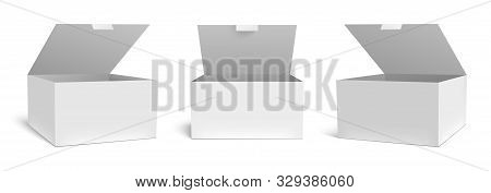 Realistic Open Box Mockup. White Packaging Gift Boxes, Opened Package And Empty Rectangular Packages