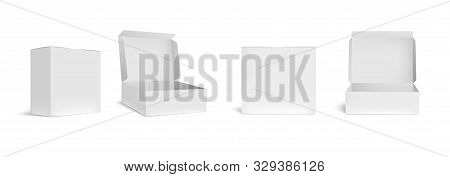 Open And Closed White Box Mockup. Opened Packaging Boxes, Empty Rectangular Package And Realistic Pa