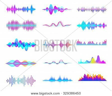 Colorful Sound Waves. Audio Signal Wave, Color Gradient Music Waveforms And Digital Studio Equalizer