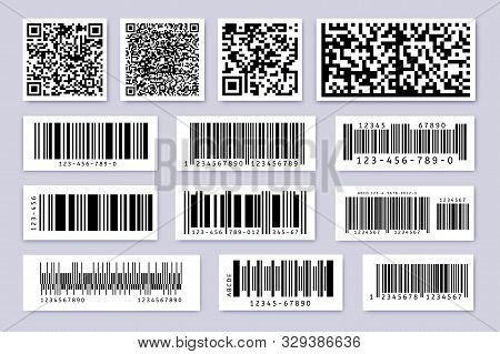 Barcode Labels. Product Label Bar Sticker, Barcodes Badges And Industrial Qr Code Isolated Symbols V