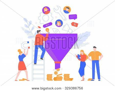 Funnel Sales Analyzing. Lead Generation, Marketing Funnel And Selling Strategy Vector Illustration. 