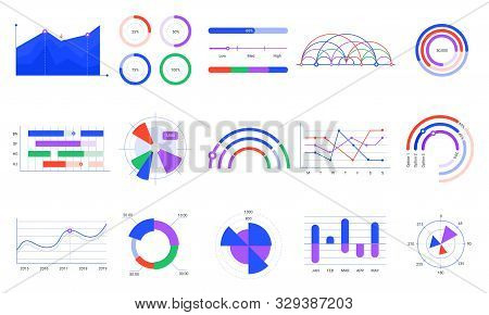 Graph Charts. Colorful Diagrams, Statistics Dashboard Chart And Infographic Elements Vector Set. Sto