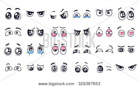 Cartoon Eyes. Comic Watching Eye, Funny Facial Eyes Expressions And Human Emotions Happy And Crying 