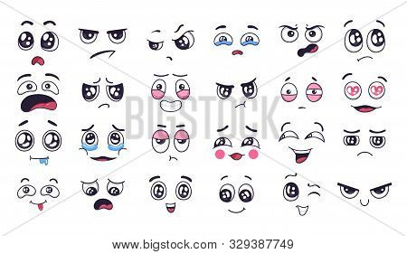 Funny Cartoon Faces. Face Expressions, Happy And Sad Mood. Laughing To Tears Face, Smiling Mouth And