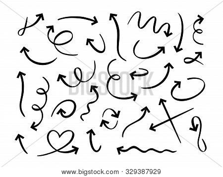 Hand Drawn Black Arrows. Curved Scribble Arrow, Sketch Pointer Line And Doodle Vector Set. Round, Tw