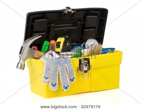 set of tools on toolbox isolated at white background