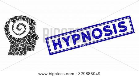 Mosaic Hypnosis And Distressed Stamp Seal With Hypnosis Phrase. Mosaic Vector Hypnosis Is Designed W