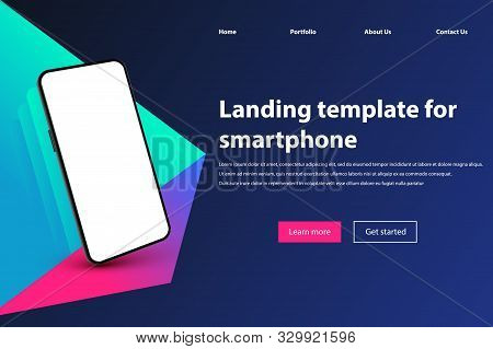 Mobile App Landing Page Mockup. Black Smartphone, Mobile Phone Perspective View And Smartphones Scre