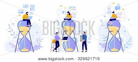 Time Management Hourglass. People Work With Laptop On Sandglass, Working Hours And Team Productivity