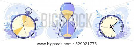 Clock, Hourglass And Stopwatch. Watch Hours, Timer Countdown And Sandglass Flat Vector Illustration 