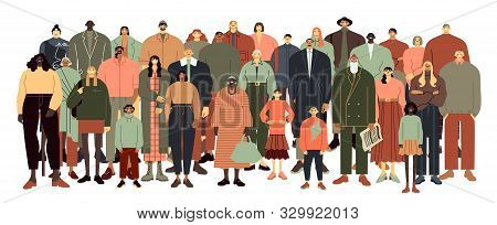 Multinational People Stand Together. Teenagers, Elderly, Young And Adult Men And Women Group Vector 