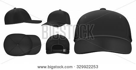 Black Cap Mockup. Sport Baseball Caps Template, Summer Hat With Visor And Uniform Hats Different Vie