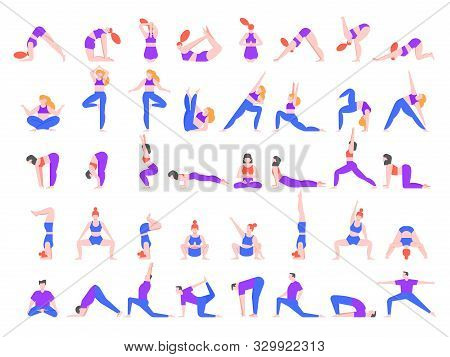 Yoga Asanas. Practice In Yoga Poses, Young People Train Balance, Meditate And Relax At Yoga Class Ve