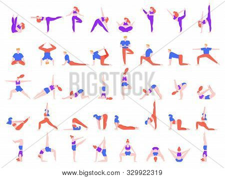 Yoga Poses People. People Doing Yoga Exercise, Young Man And Woman Yoga Community Vector Illustratio