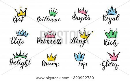 Crown Hand Drawn Lettering. Queen Crown Icons, Calligraphy Tiara And Colorful Diadem Vector Illustra