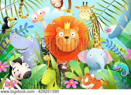 Jungle Animals For Children With Lion King In Tropical Forest And His Baby Animal Friends. Wild Jung