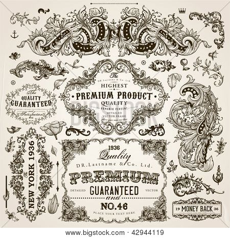 Vector set of calligraphic design elements: page decoration, Premium Quality and Satisfaction Guarantee Label, antique and baroque frames | Old paper texture with dirty footprints of a cup of coffee.